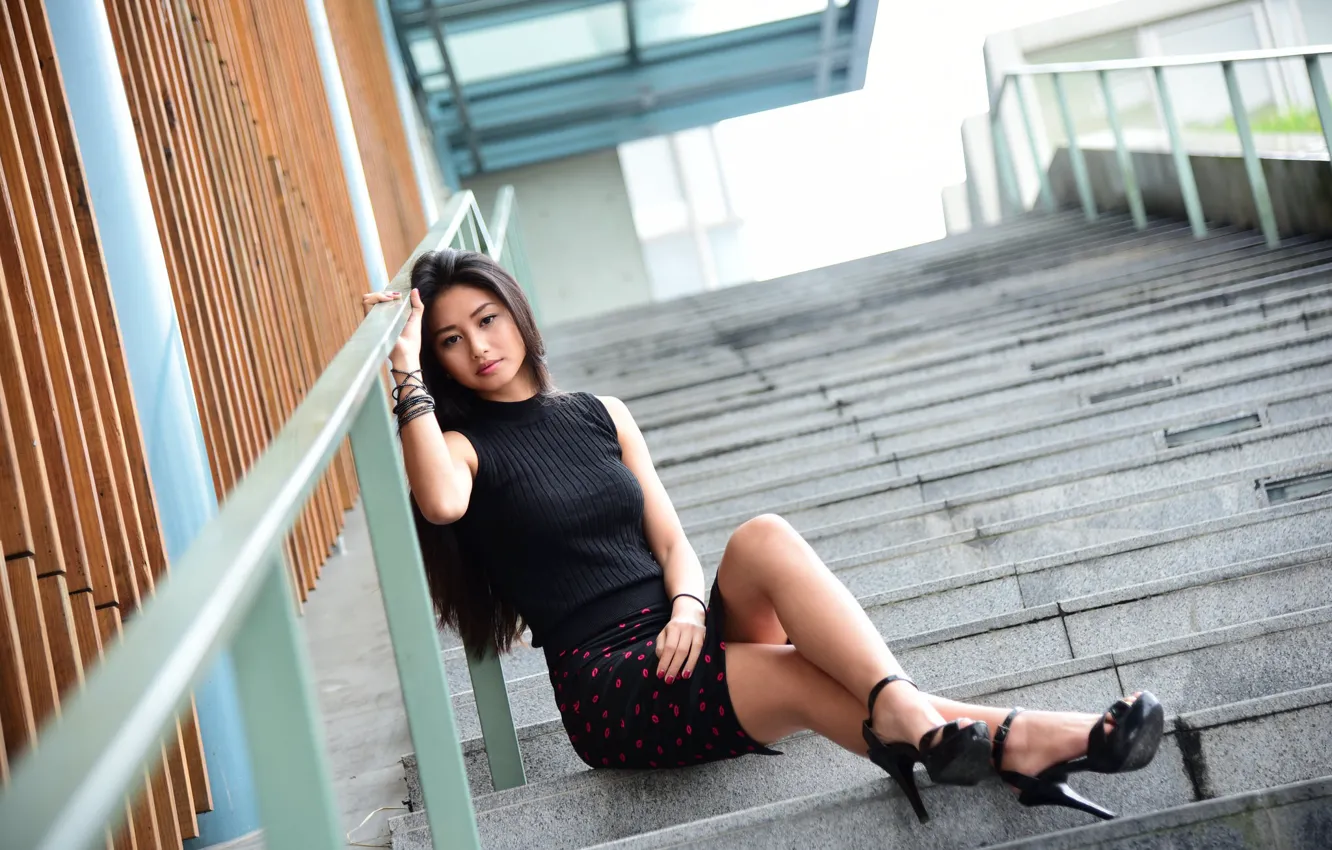 Photo wallpaper look, girl, face, steps, legs, sitting, cutie