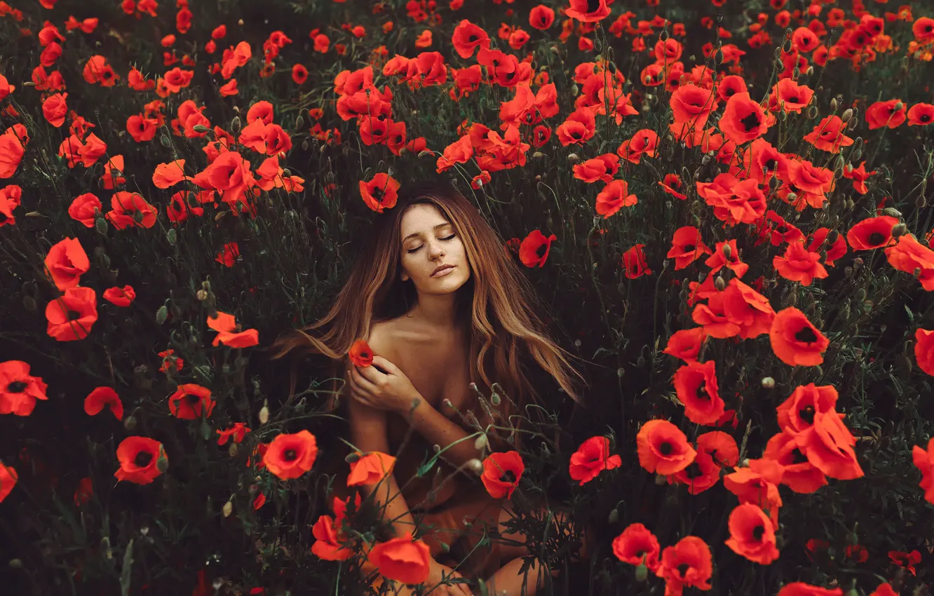 Photo wallpaper girl, flowers, nature, Maki