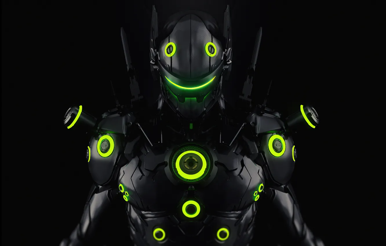 Photo wallpaper backlight, cyborg, protective suit, sensors, the hero of the game, Overwatch, Genji Shimada, Genji