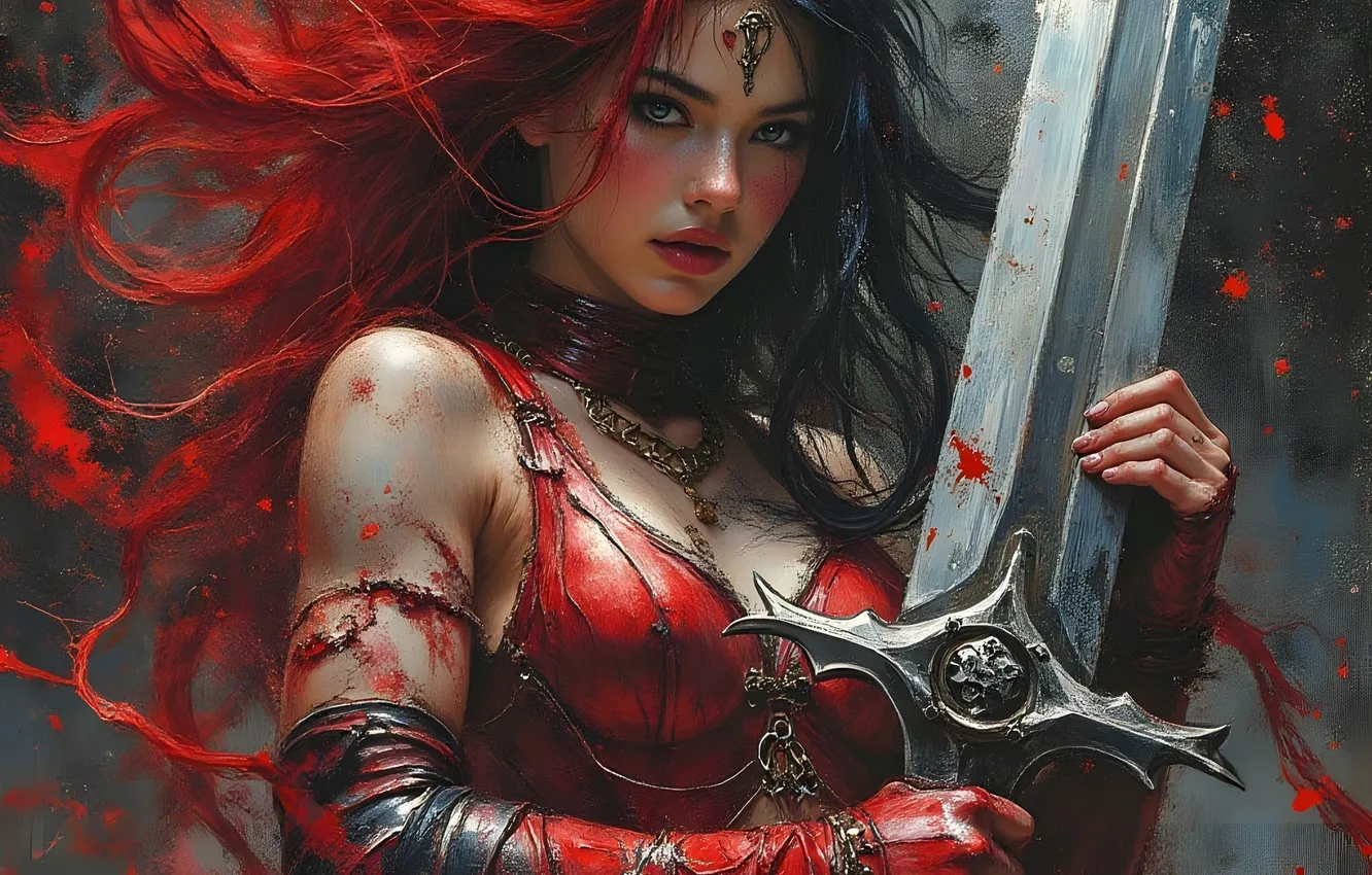 Photo wallpaper girl, pose, sword, figure, fantasy, warrior, redhead, flowing hair