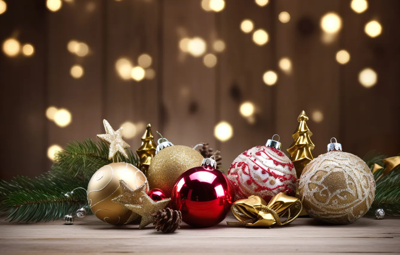 Photo wallpaper balls, lights, table, Board, new year, Christmas, gold plated, garland