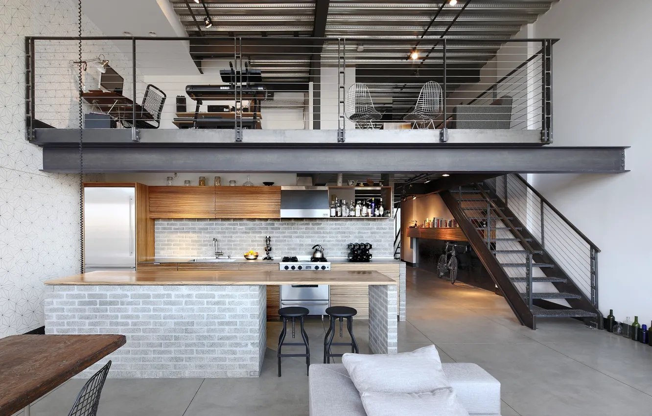 Photo wallpaper style, interior, kitchen, dining room, living space, loft, Industrial Loft