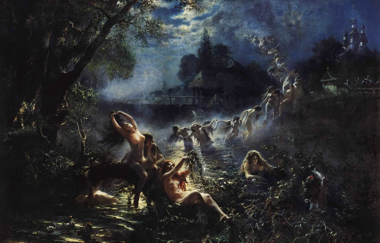 Photo wallpaper trees, night, lake, mermaid, picture, Konstantin Makovsky, Russian painter, Konstantin Makowski