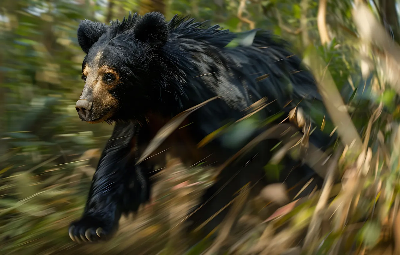 Photo wallpaper forest, leaves, predator, bear, digital art, Black bear, AI art, The Art of Artificial Intelligence
