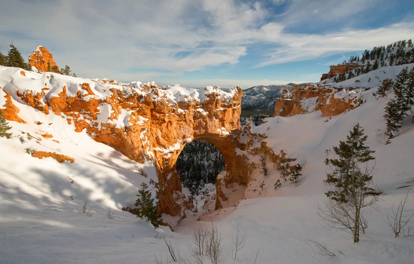Photo wallpaper winter, the sky, snow, trees, mountains, rocks, canyon, arch