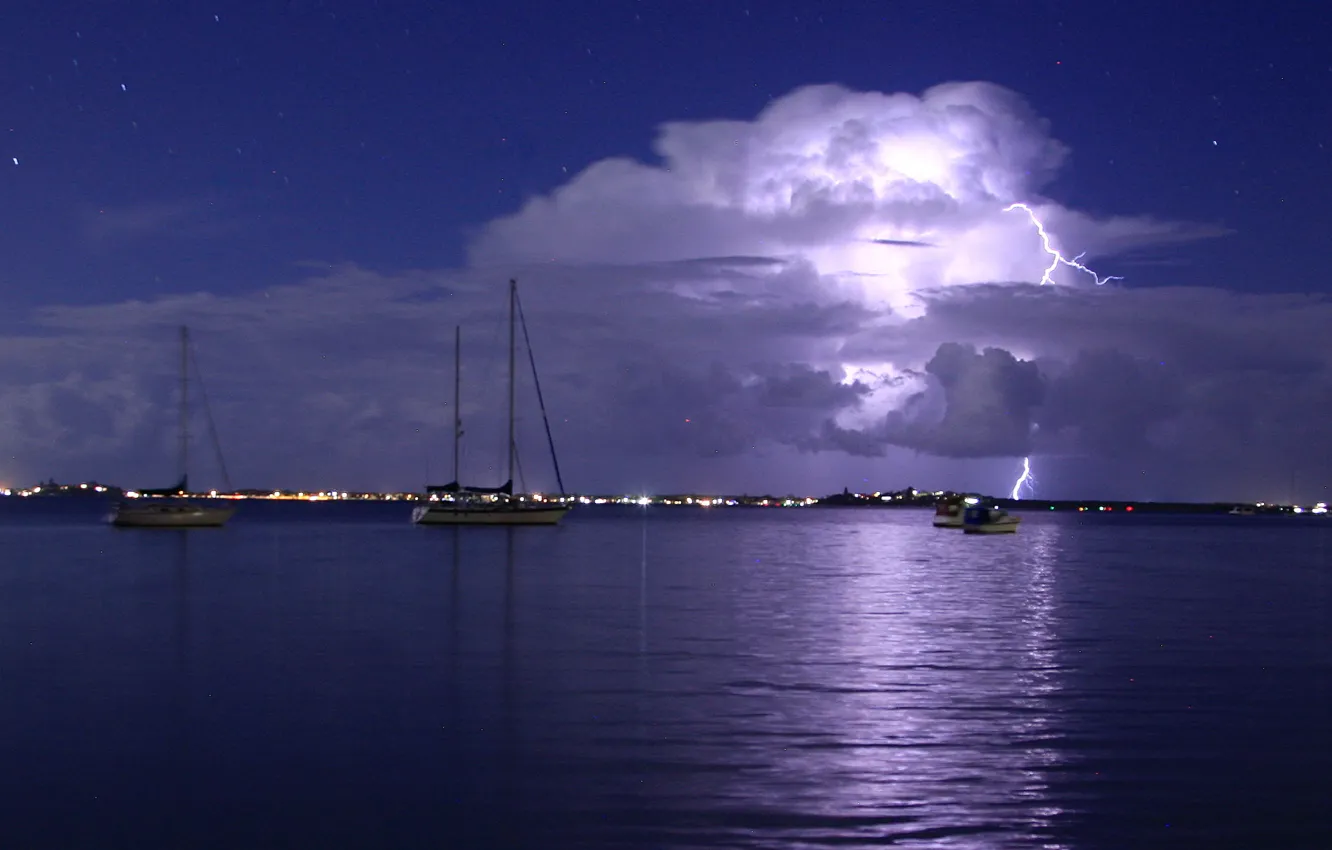 Photo wallpaper the sky, clouds, night, lights, lake, boat, yacht