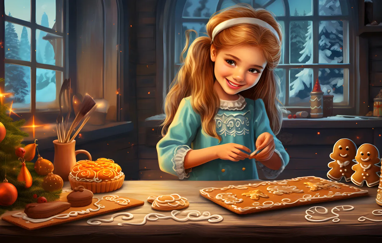 Photo wallpaper smile, table, tree, new year, Christmas, girl, red, gingerbread