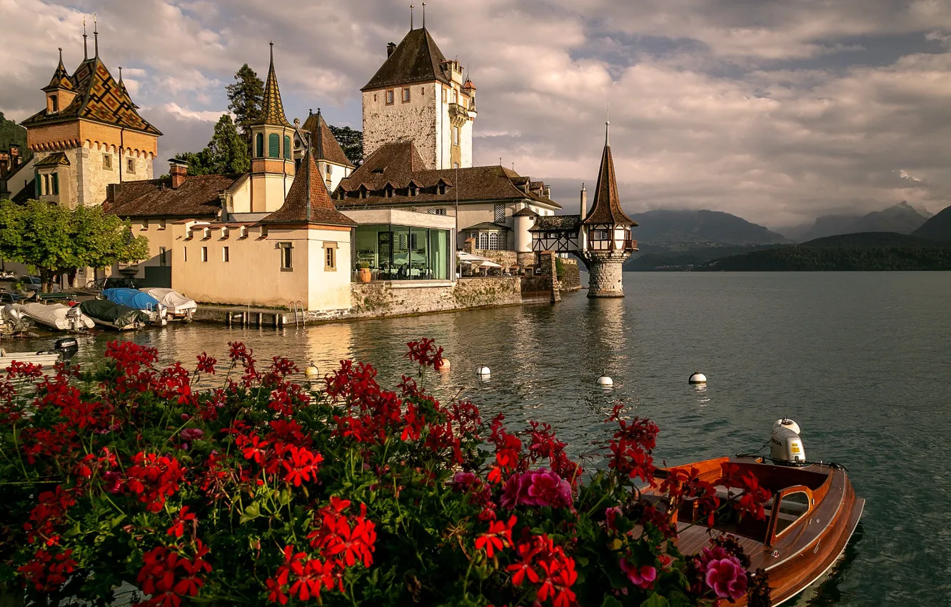 Photo wallpaper the sky, clouds, landscape, flowers, mountains, nature, comfort, castle