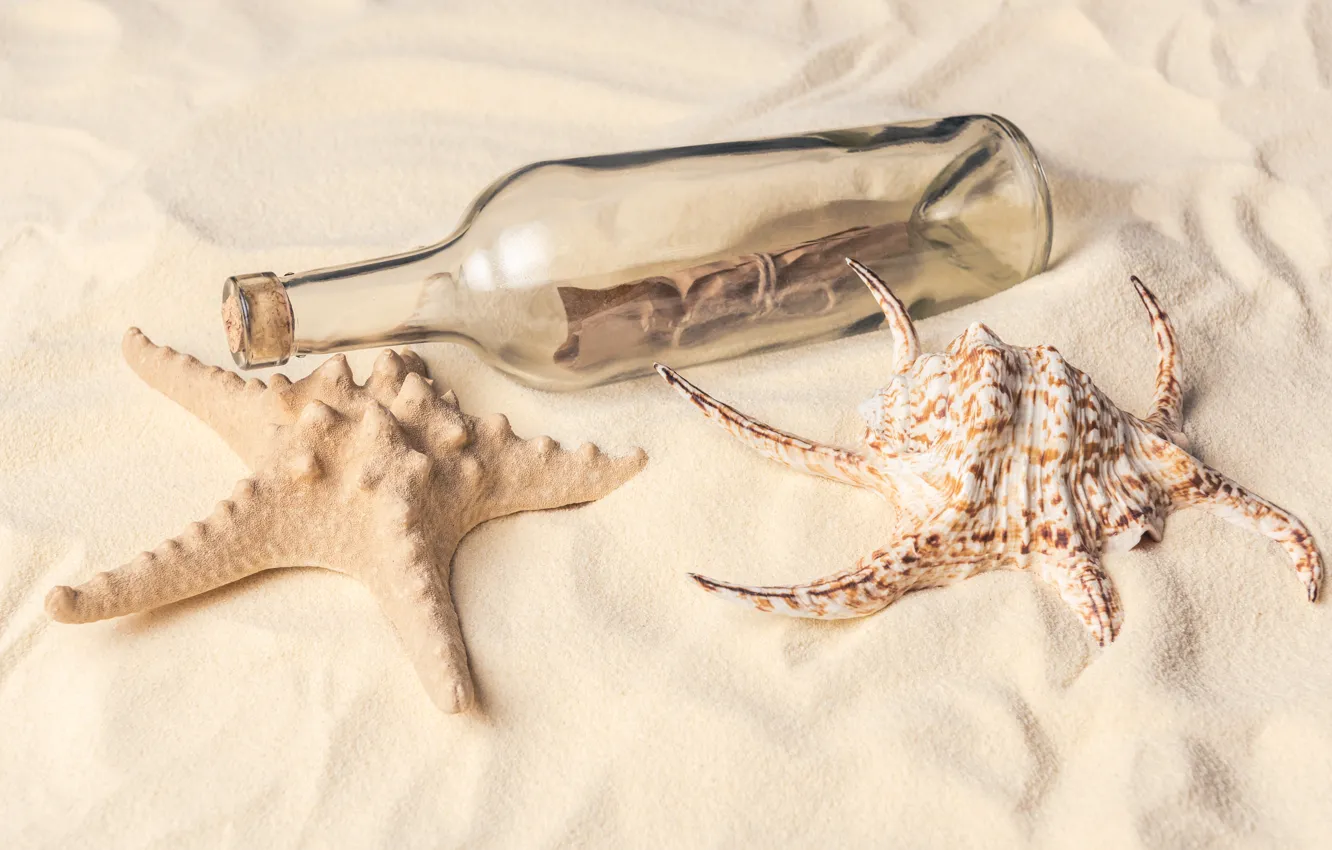 Photo wallpaper sand, bottle, shell, starfish