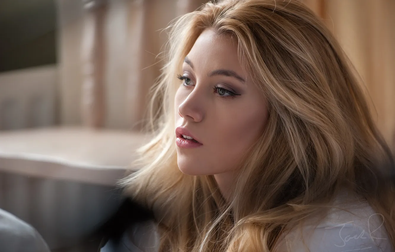 Photo wallpaper face, model, portrait, makeup, hairstyle, blonde, bokeh, Scarlett Jane