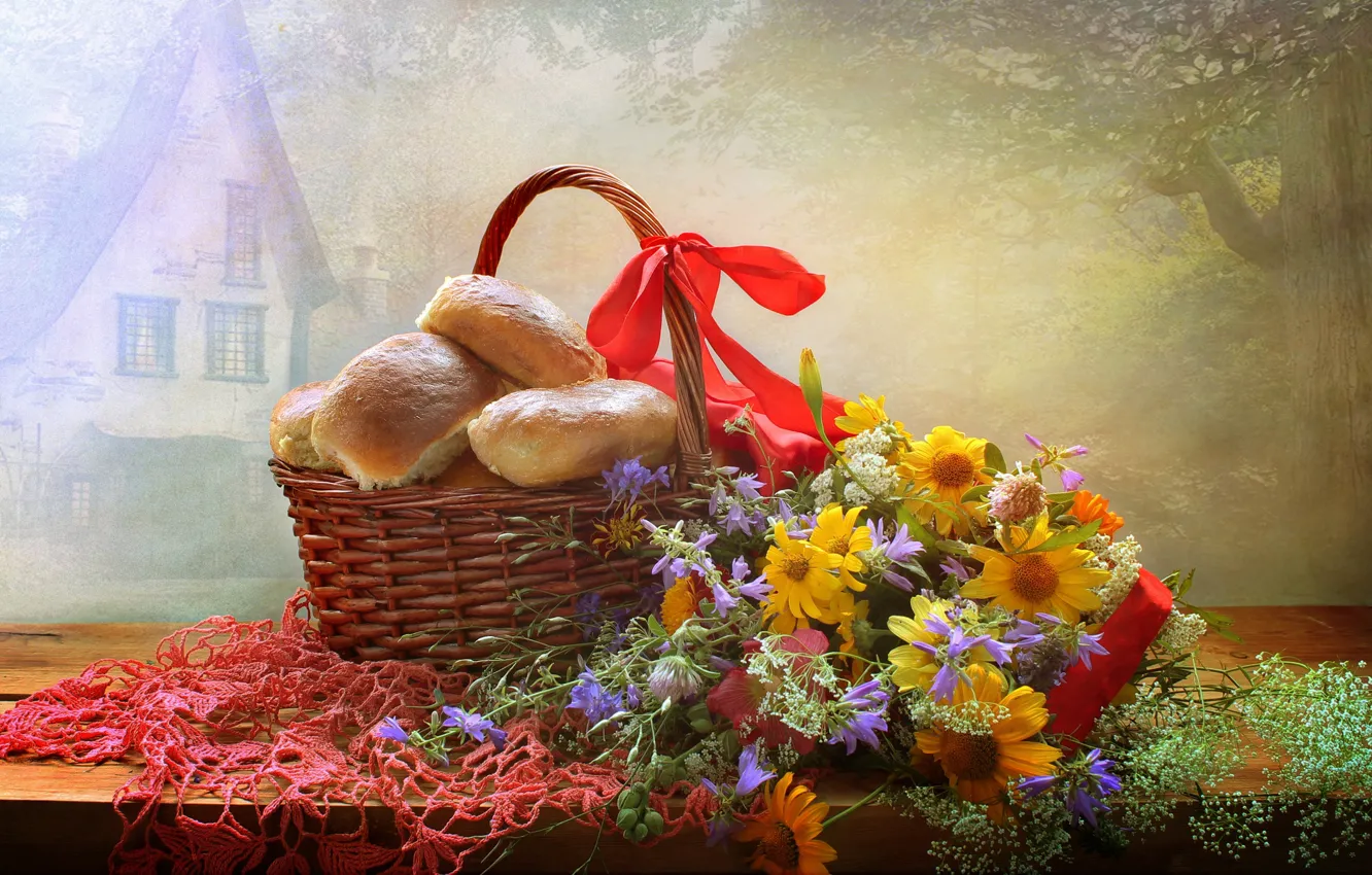 Photo wallpaper flowers, basket, tape, still life, napkin, cakes, Svetlana Kovaleva