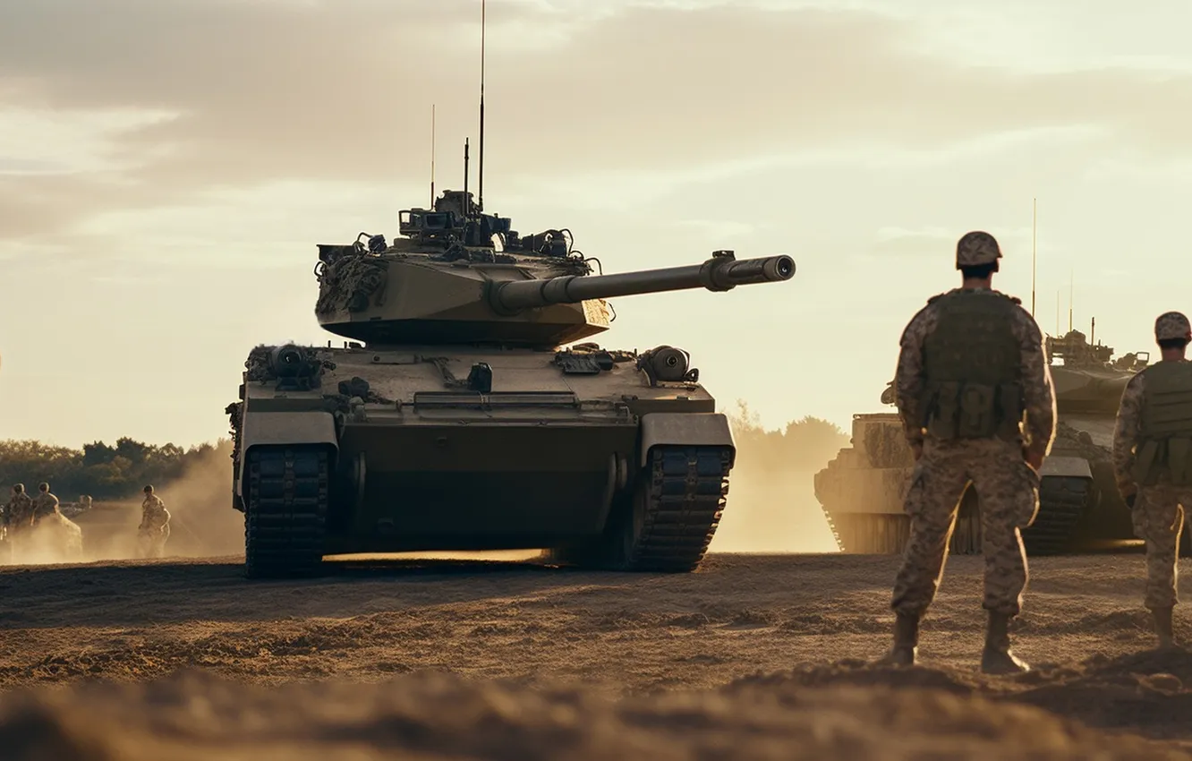 Photo wallpaper soldiers, tank, digital art, AI art, The Art of Artificial Intelligence, neural network