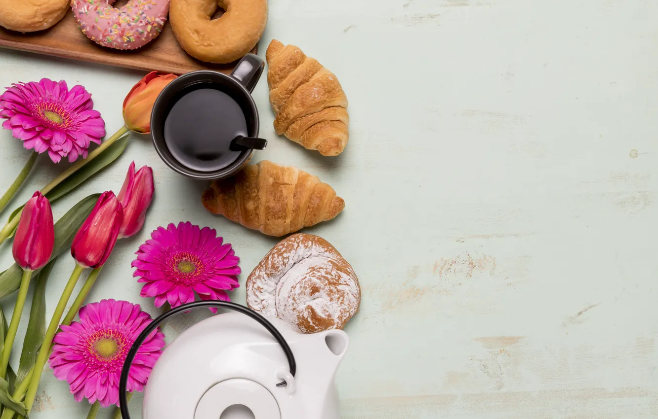 Photo wallpaper flowers, Breakfast, tulips, donuts, gerbera, pink, flowers, tulips