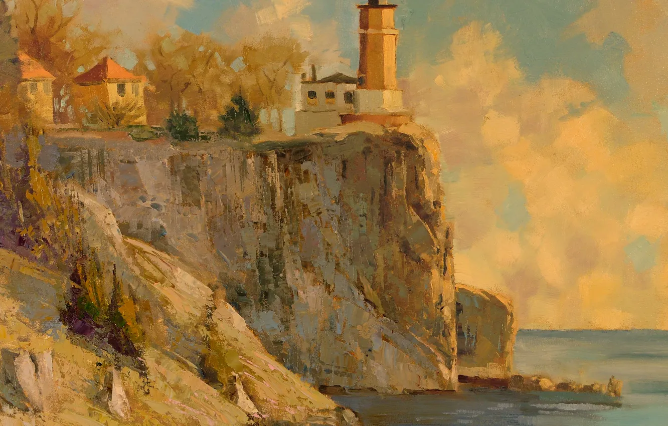 Photo wallpaper sea, lighthouse, painting, oil painting