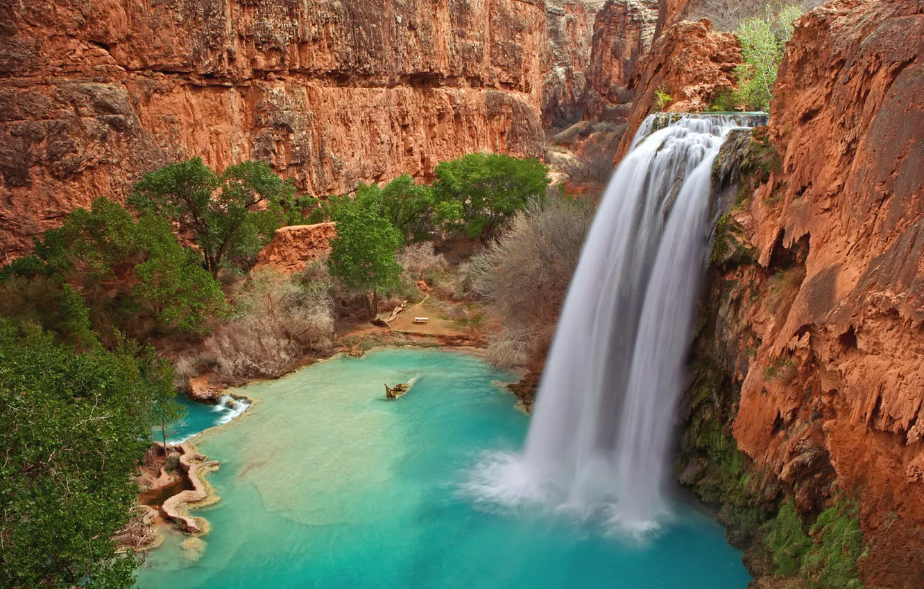Photo wallpaper trees, mountains, lake, rocks, waterfall