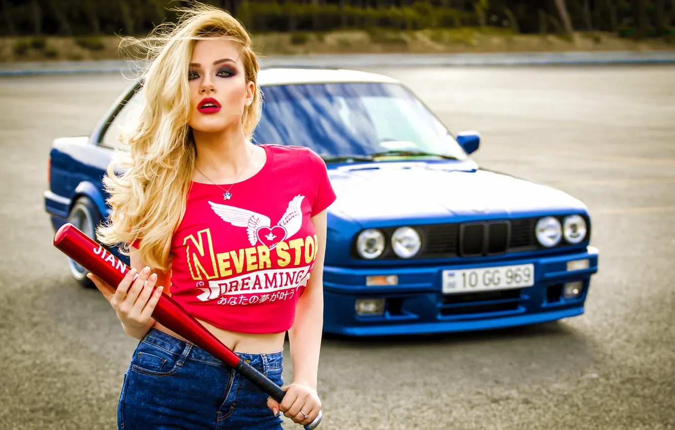 Photo wallpaper car, BMW, girl, Julia, blue, view, beauty, bat
