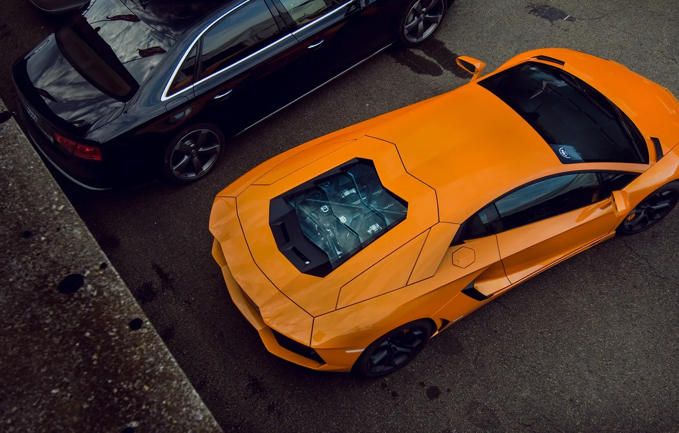 Photo wallpaper Audi, Lamborghini, black, orange, Aventador, LP 700-4