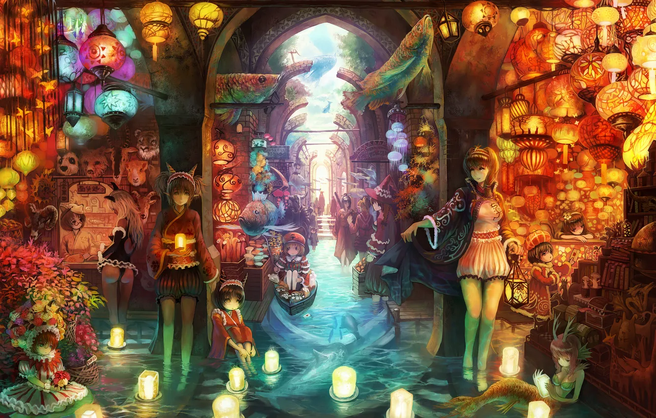 Photo wallpaper water, girl, flowers, tale, being, candles, lights, horn