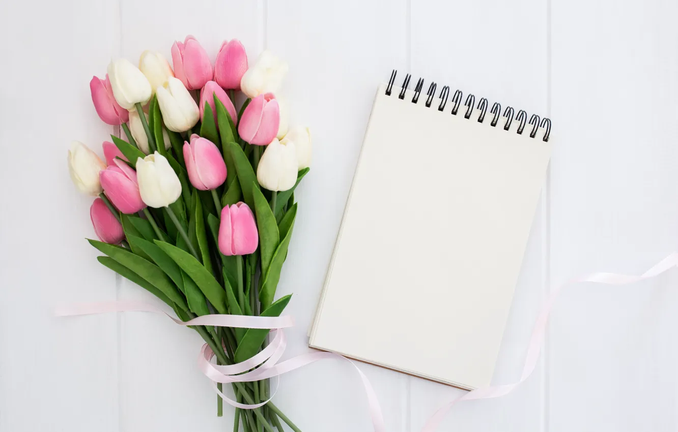 Photo wallpaper bouquet, tape, tulips, Notepad