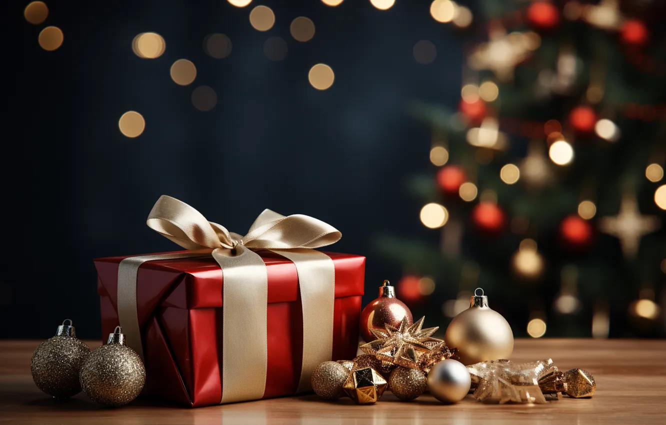 Photo wallpaper gift, tree, new year, Christmas, Christmas, tree, decoration, Gift Boxes