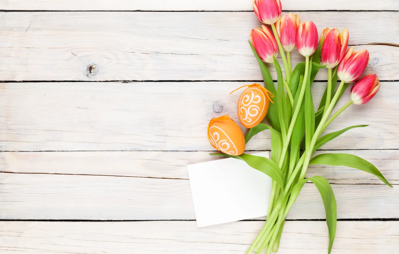 Photo wallpaper Easter, tulips, wood, tulips, spring, Easter, eggs, decoration