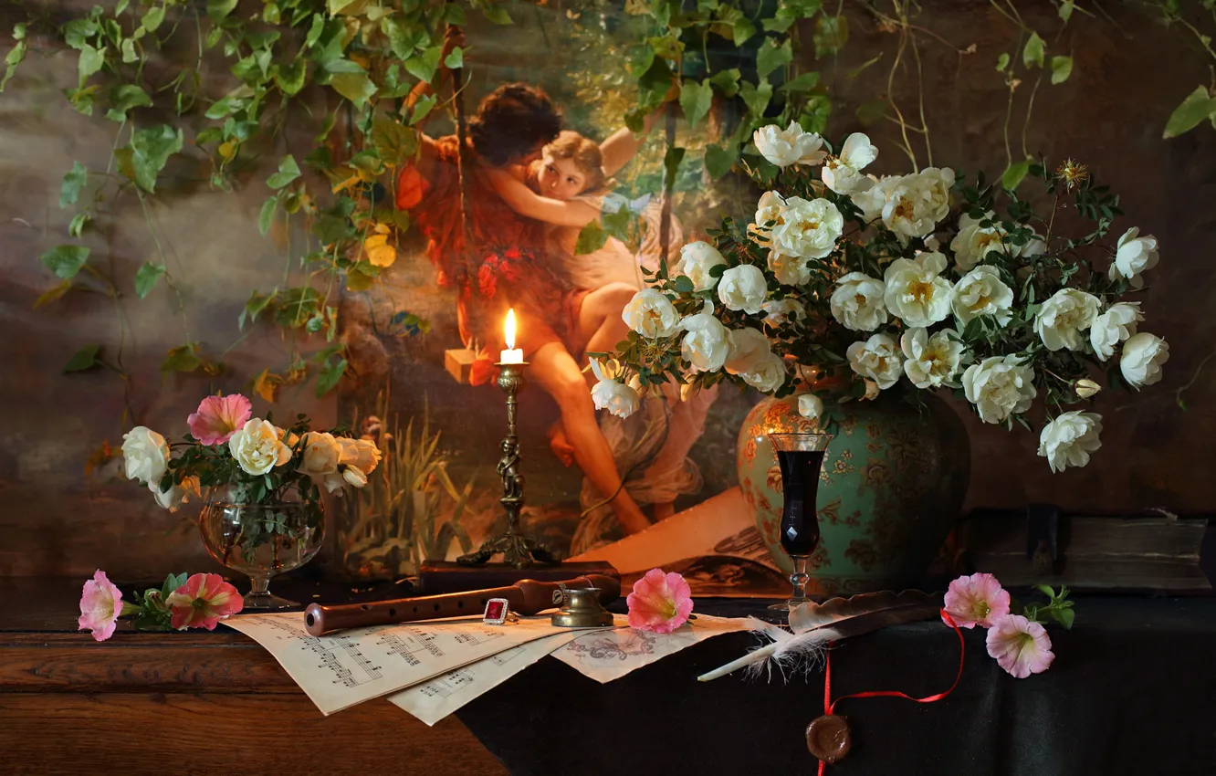 Photo wallpaper girl, light, flowers, wine, glass, roses, bouquet, picture