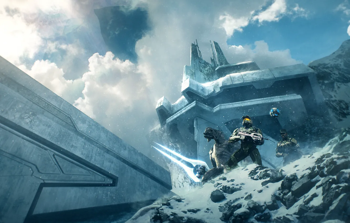 Photo wallpaper fiction, art, soldiers, alien, helmet, armor, halo 3, Master Chief
