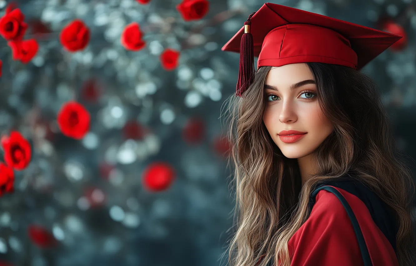 Photo wallpaper look, girl, flowers, face, portrait, hat, brown hair, in red