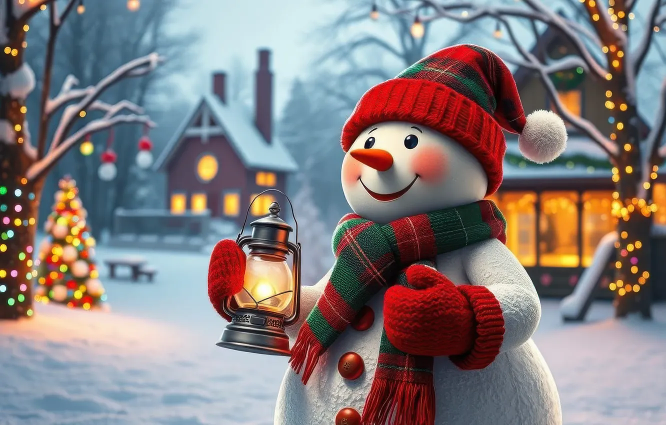 Photo wallpaper winter, snow, branches, lights, glade, new year, Christmas, yard