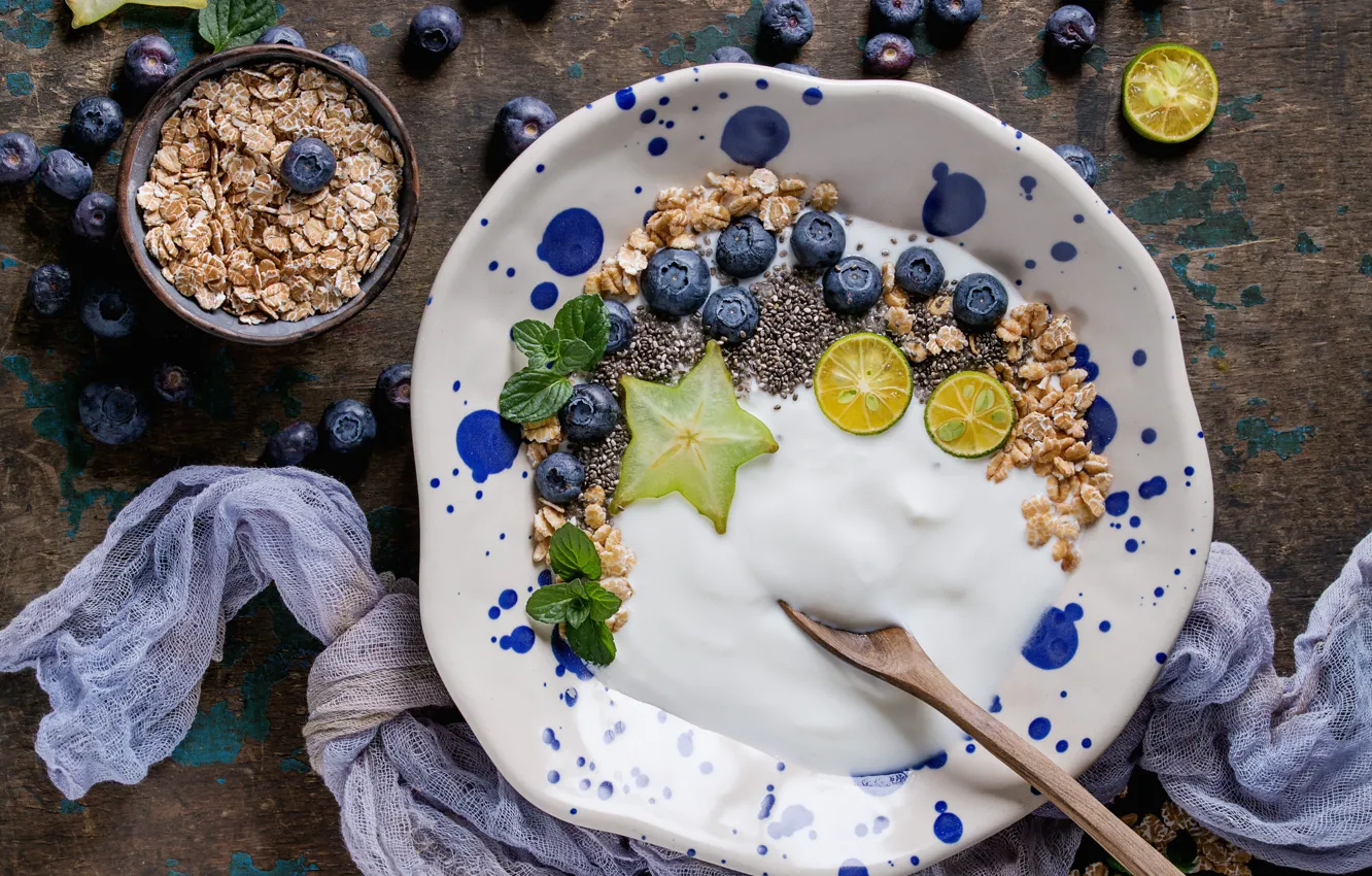 Photo wallpaper berries, Breakfast, yogurt, oatmeal, Natasha Breen, Chia