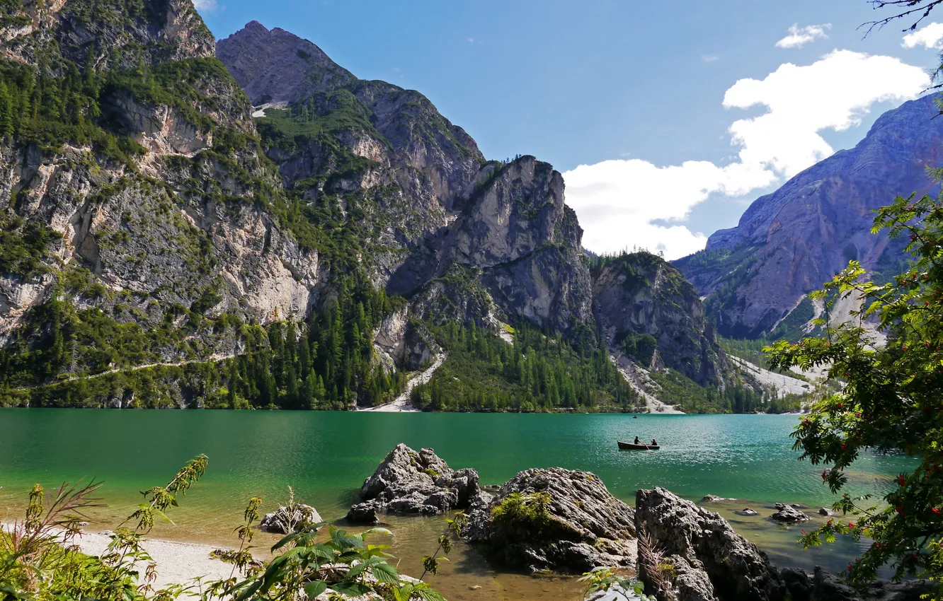 Photo wallpaper mountains, nature, lake, rocks, boat, Italy, Italy, nature