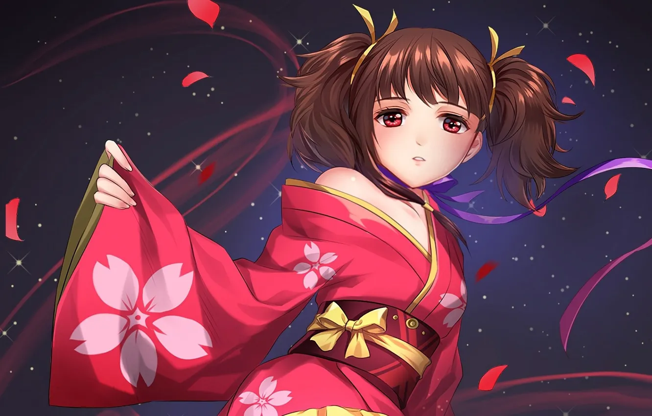 Photo wallpaper night, petals, girl, kimono, bow, red eyes, tails, Kabaneri of the Iron Fortress