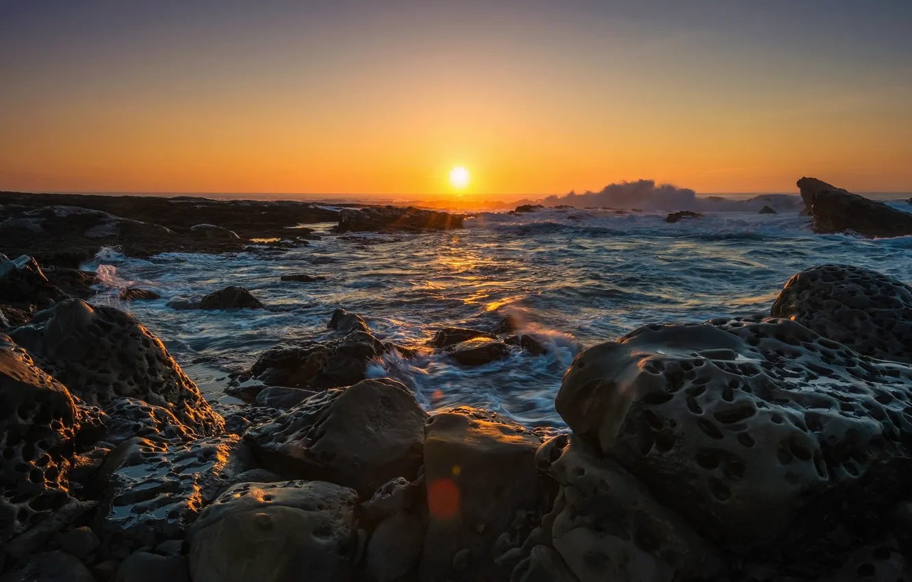 Photo wallpaper sea, wave, the sky, the sun, rays, light, sunset, stones