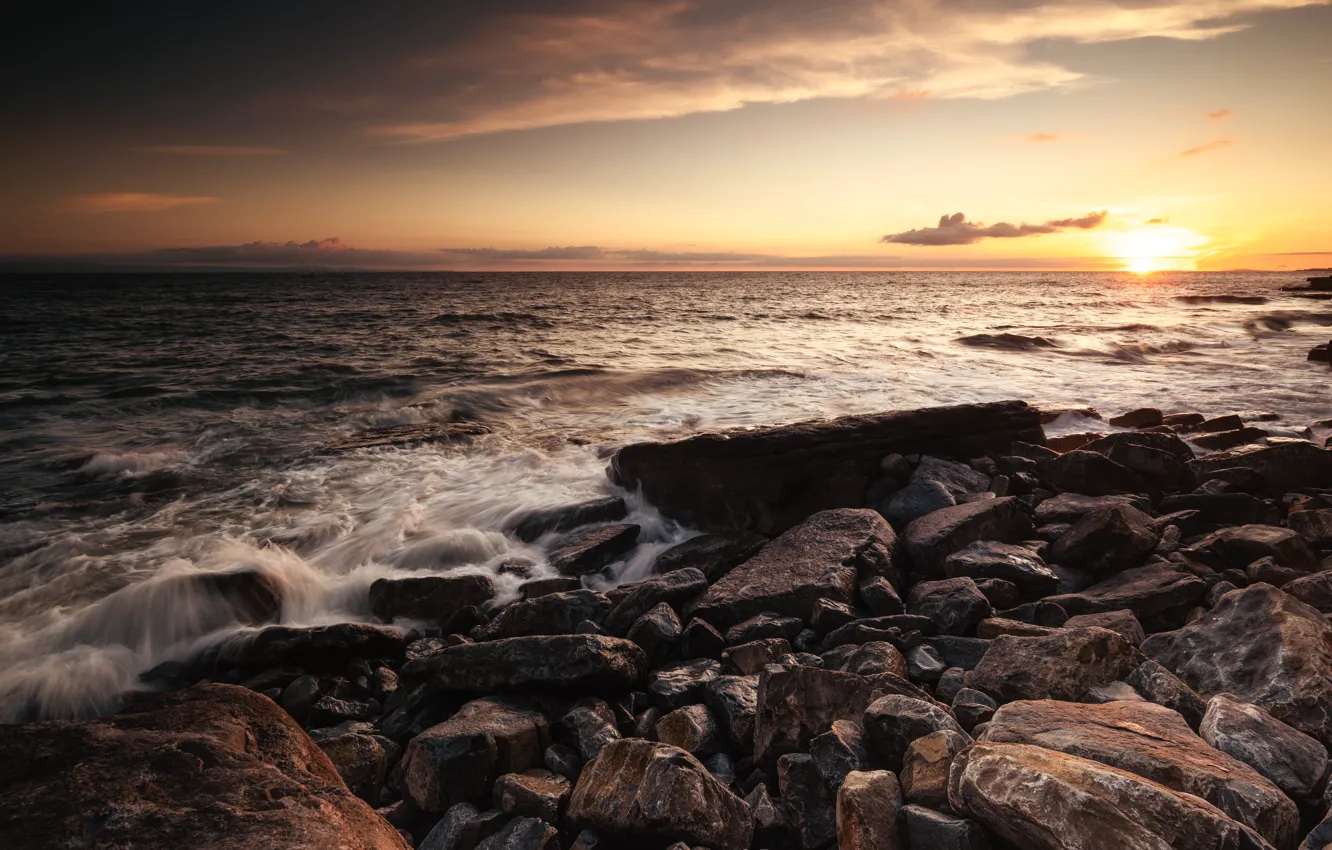 Wallpaper sea, wave, the sky, the sun, clouds, sunset, stones, shore ...