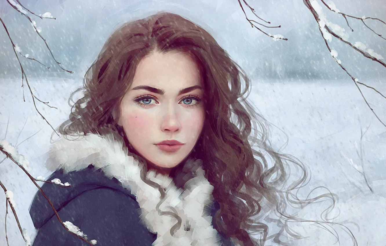 Photo wallpaper girl, blue eyes, winter, snow, lips, face, painting, brunette