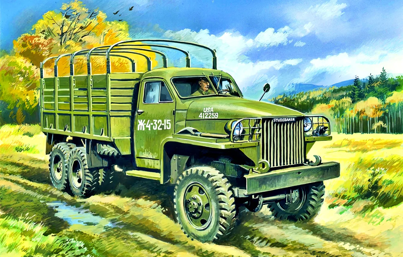 Photo wallpaper USA, three-axle truck, Studebaker US6, Studebaker Corporation, Side