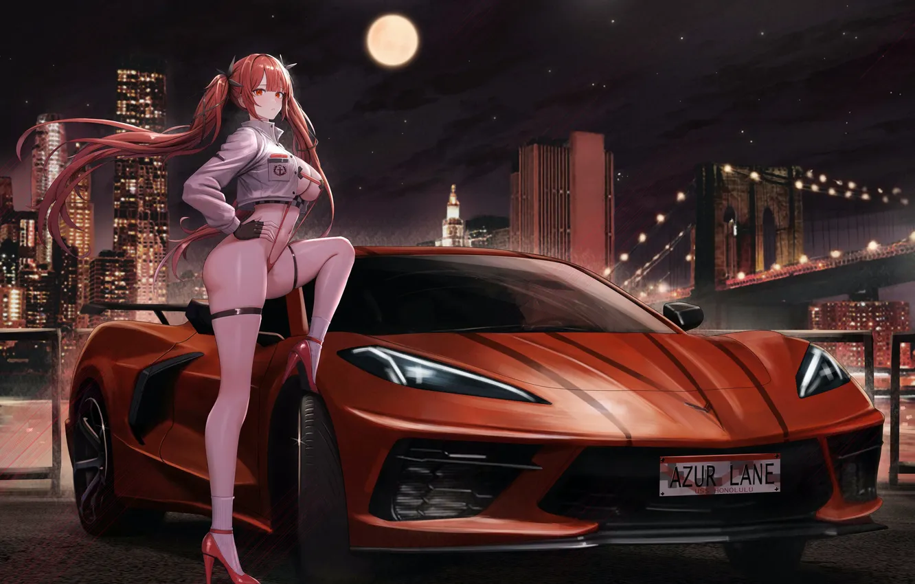 Photo wallpaper car, girl, moon, sexy, cleavage, long hair, legs, boobs