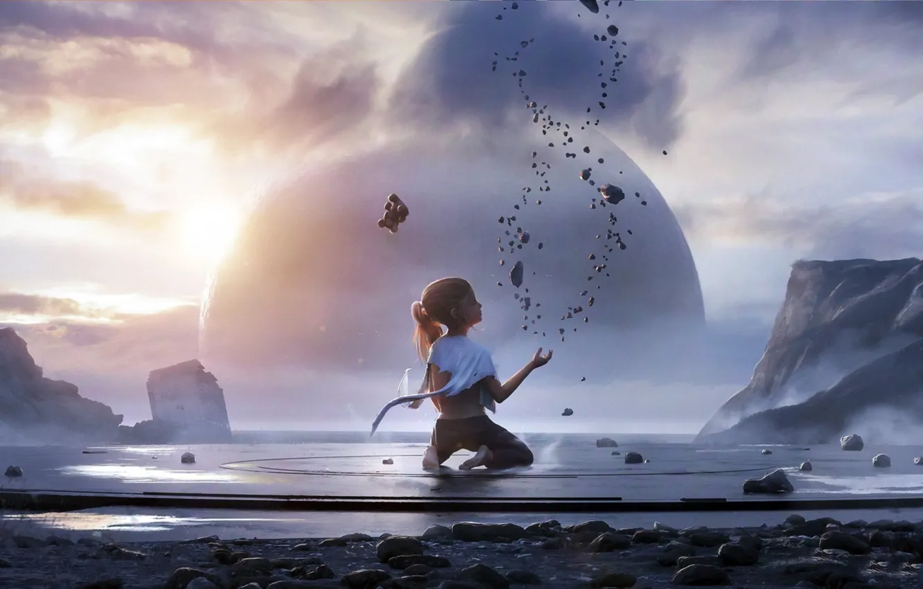 Photo wallpaper stones, rendering, fiction, magic, planet, art, girl, circles
