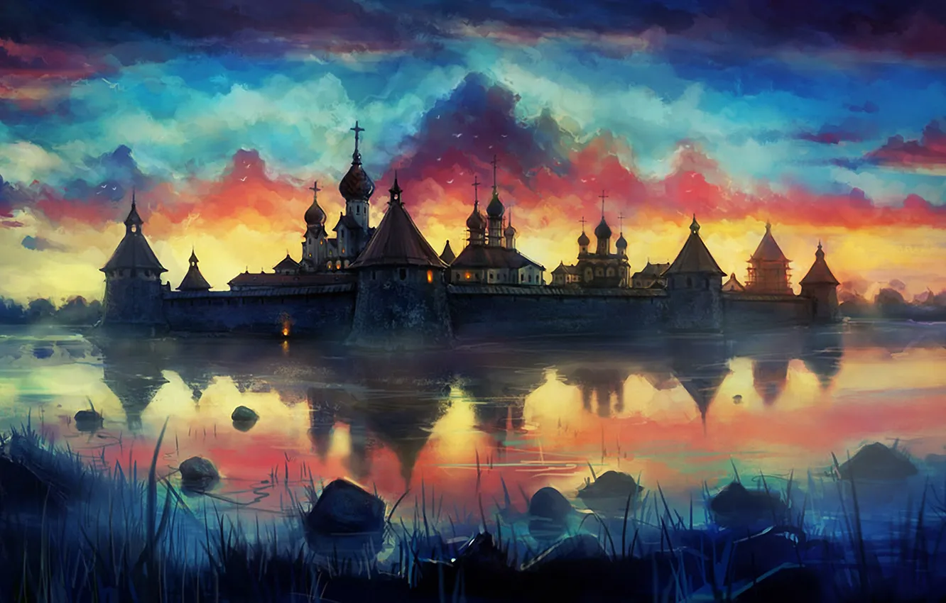 Photo wallpaper sunset, birds, lake, art, the monastery, painted landscape