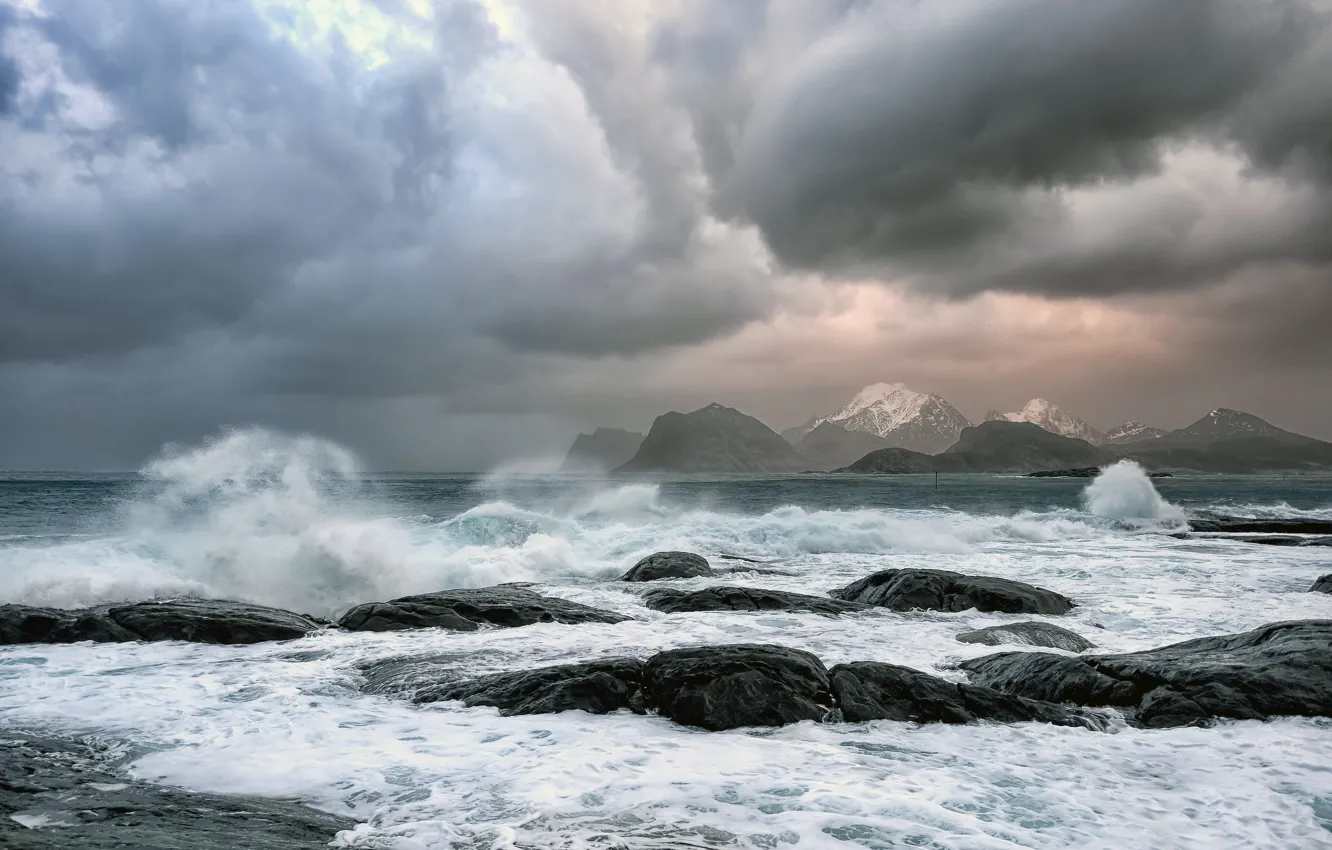 Photo wallpaper waves, sea, clouds, rocks, bad weather