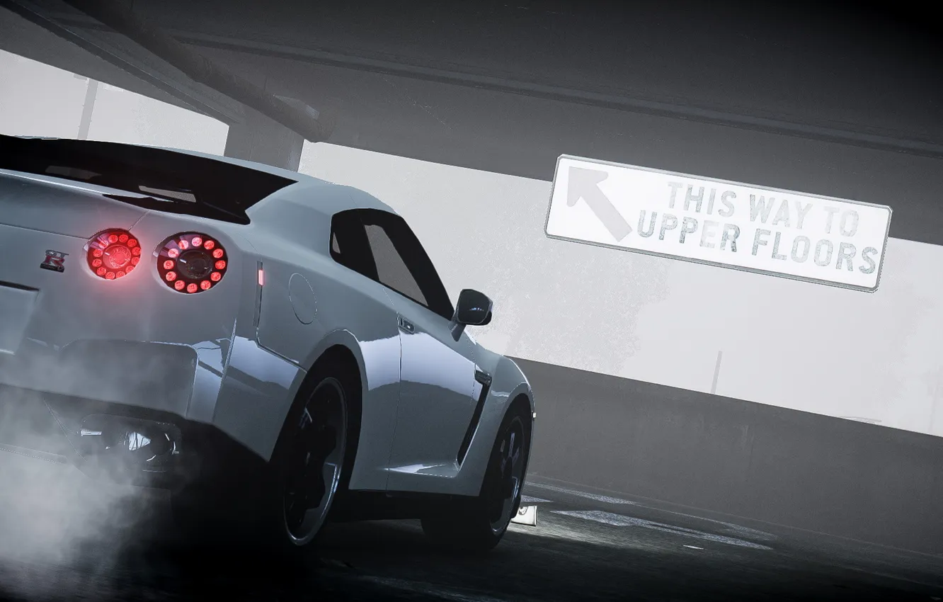 Photo wallpaper machine, fog, b/W, Parking, GTA 4, Nissan GTR