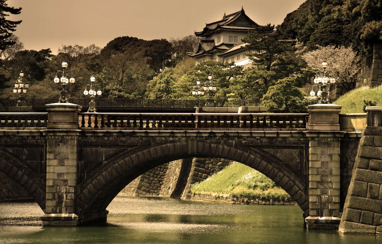 Photo wallpaper the sky, trees, bridge, river, China, lights, China