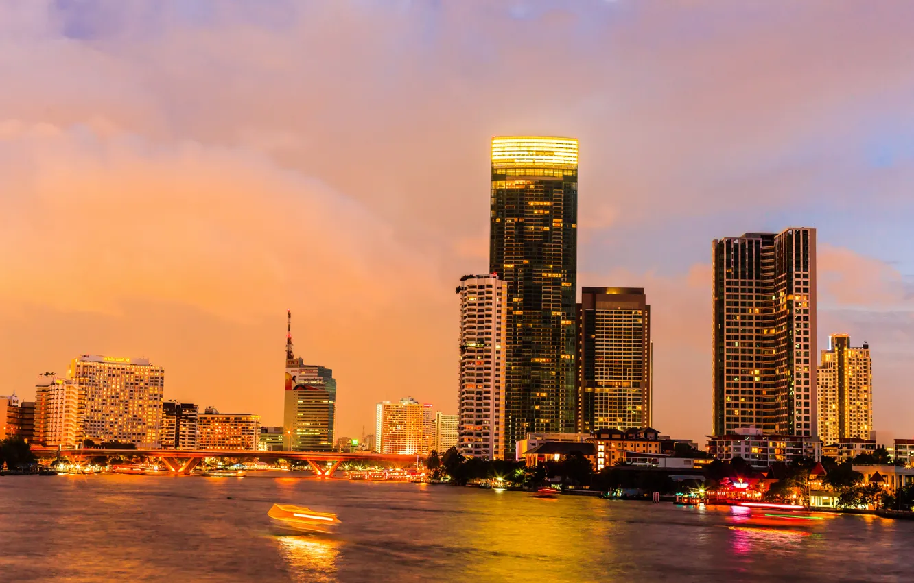 Photo wallpaper sunset, skyscrapers, Thailand, channel, Bangkok
