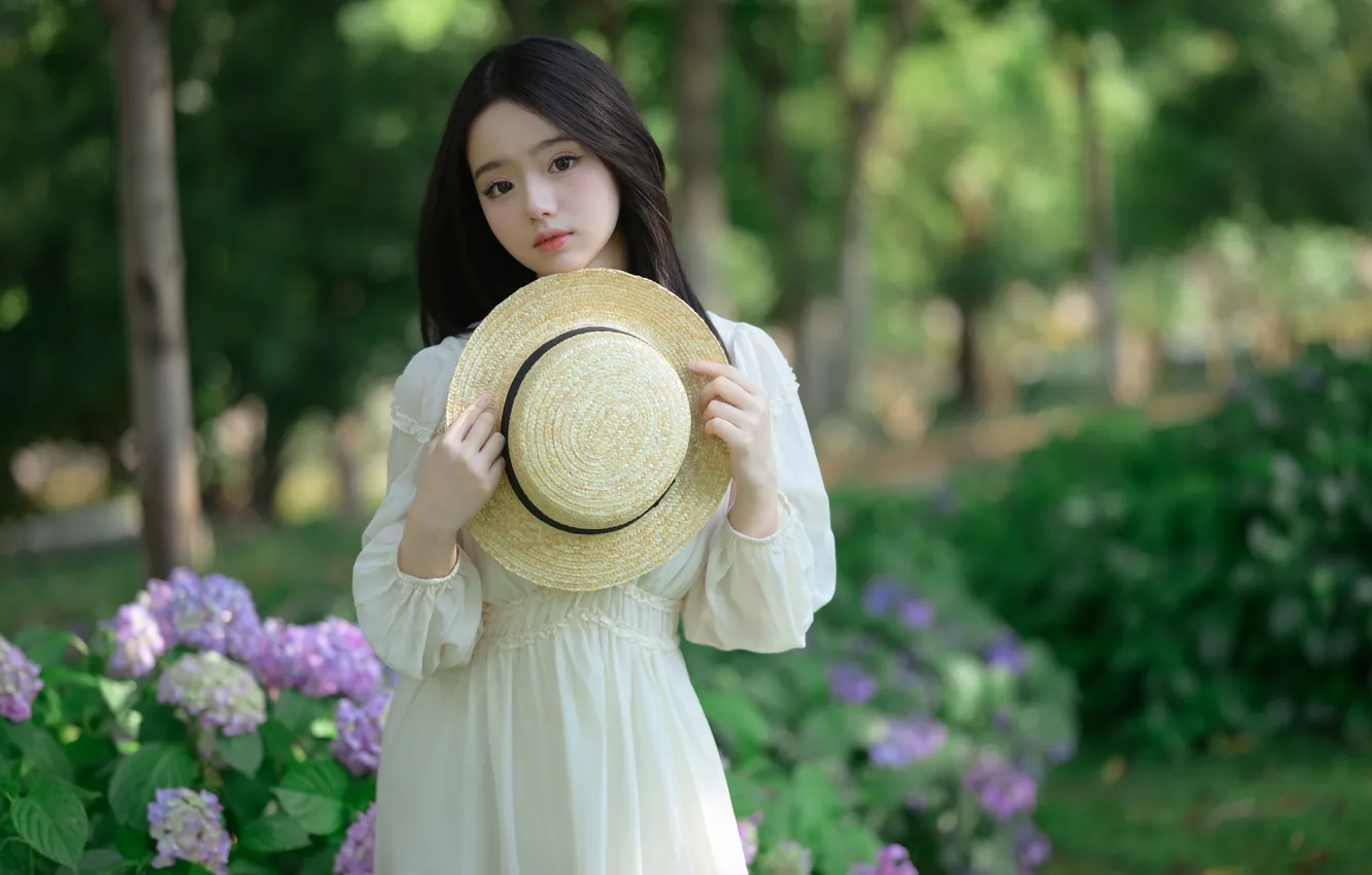 Photo wallpaper trees, hat, woman, park, flowers, beautiful, model, pretty