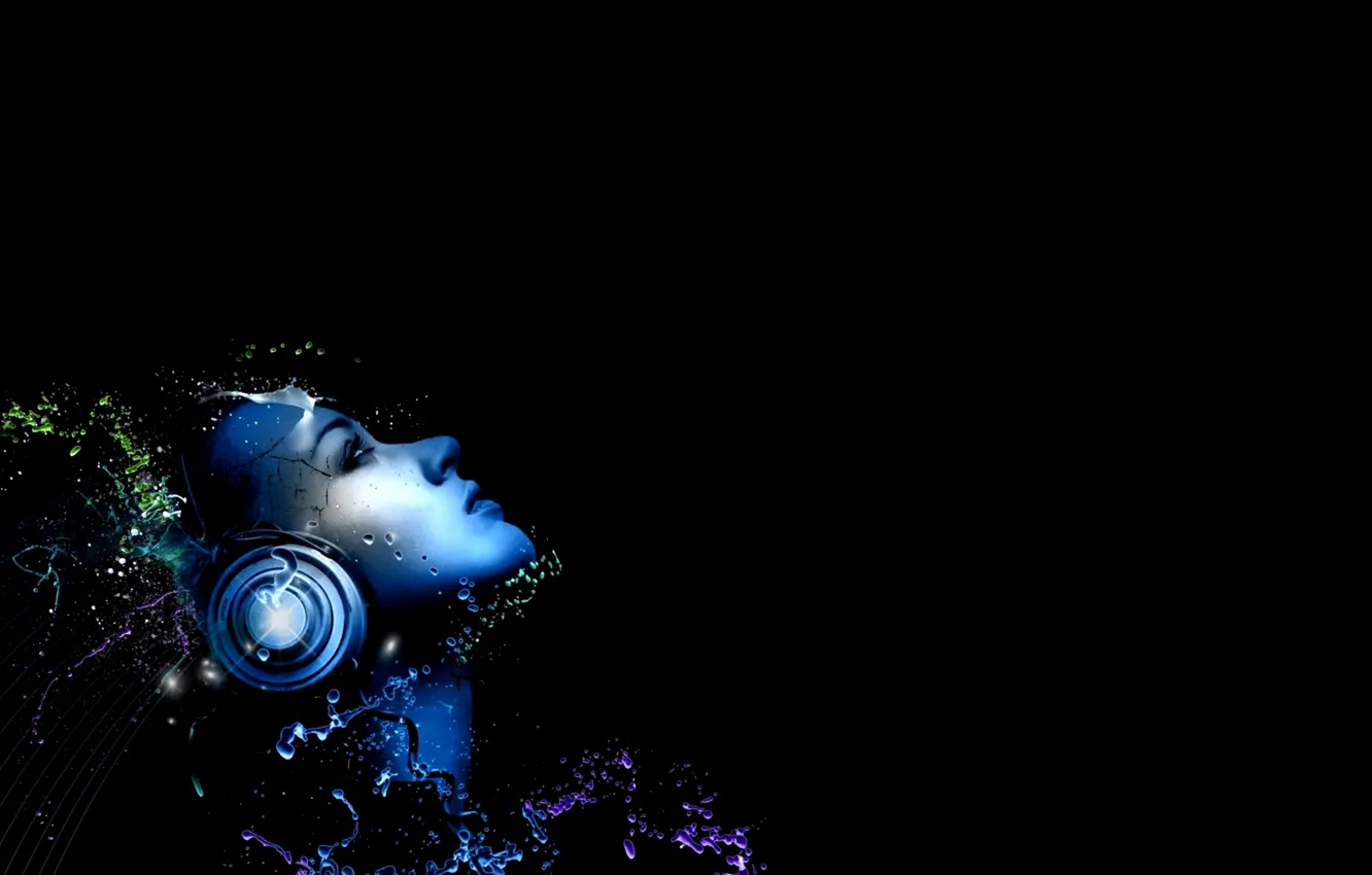 Photo wallpaper BACKGROUND, GIRL, WATER, DROPS, BLACK, SQUIRT, FACE, HEADPHONES