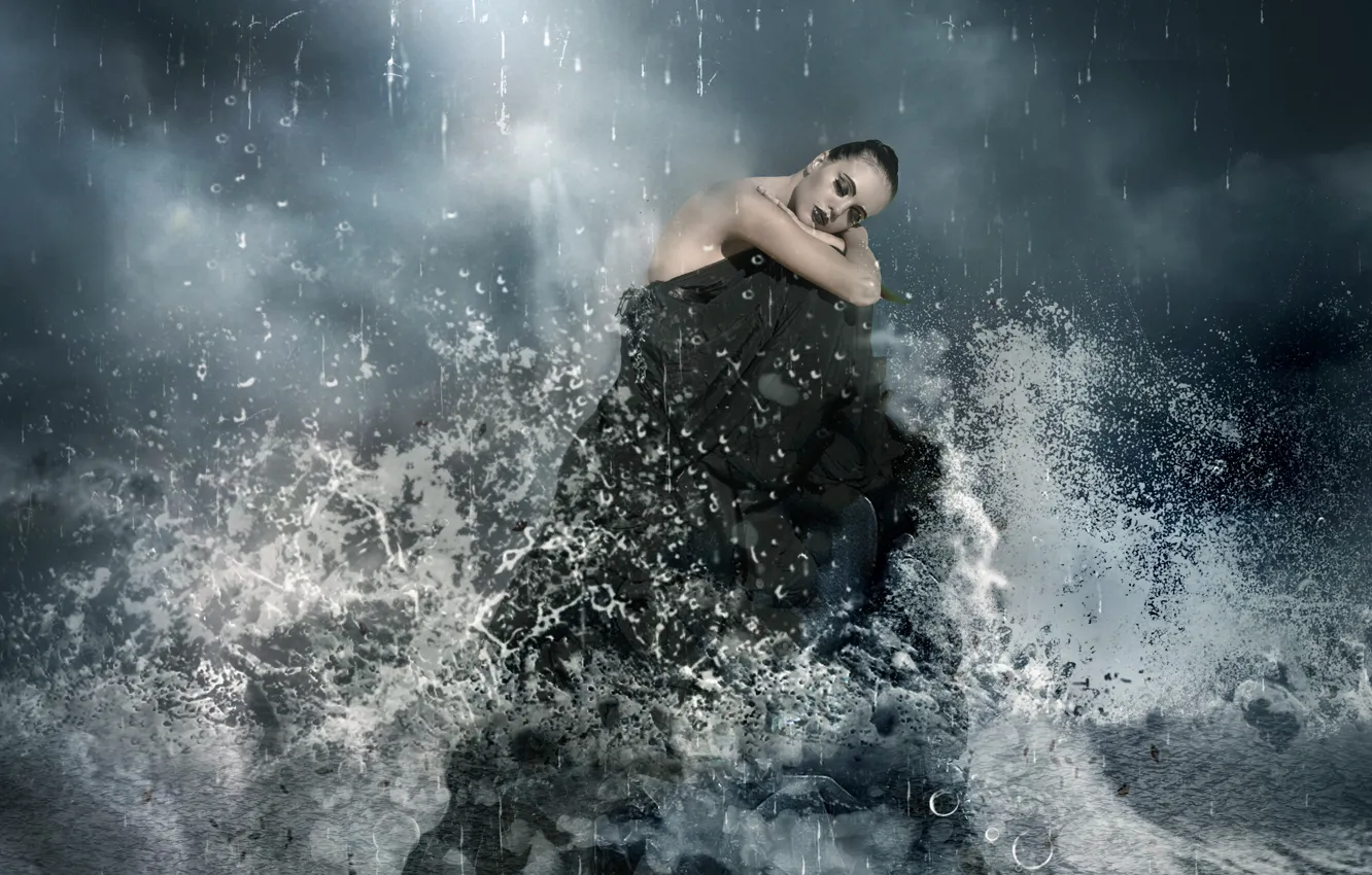 Photo wallpaper sea, girl, storm, rock