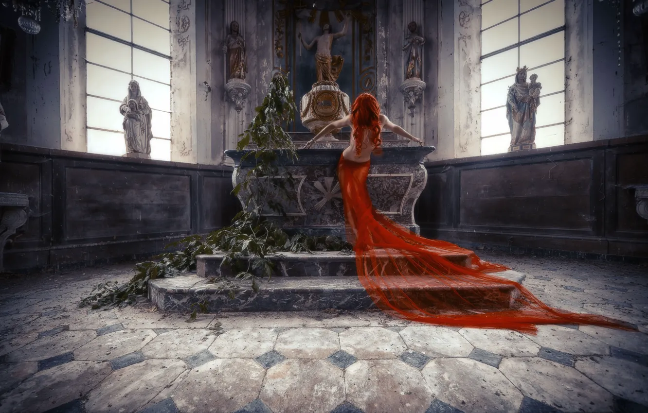 Photo wallpaper girl, pose, the situation, Cathedral, red, redhead, the altar