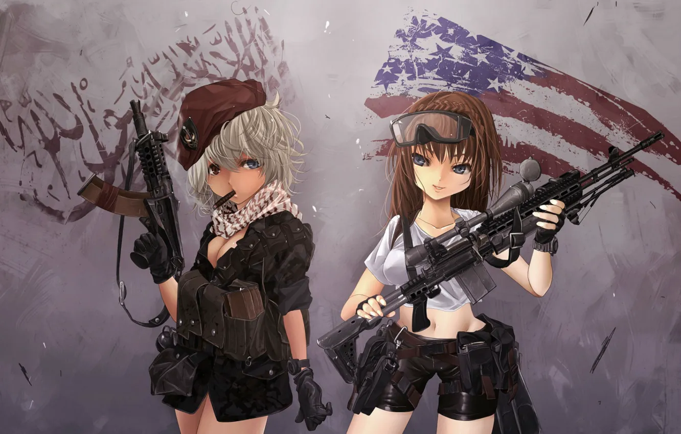 Photo wallpaper girls, two, cigar, touhou, American flag, in the style of modern warfare 2, AKS74U