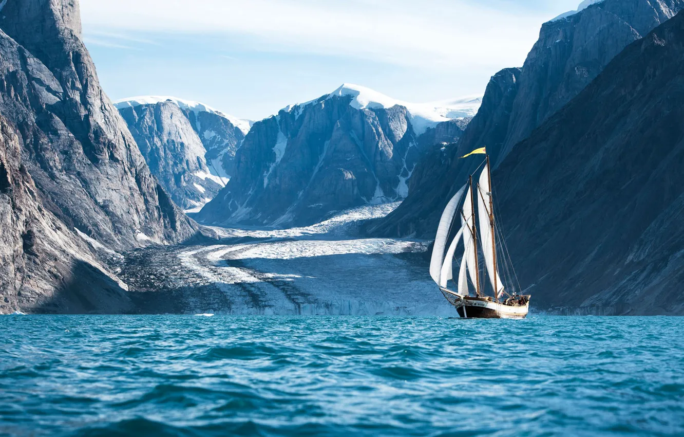 Photo wallpaper sea, mountains, sailboat, North Saili, Experience Greenland