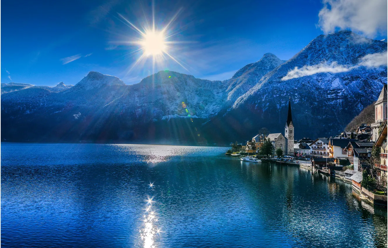 Photo wallpaper mountains, the city, lake, Austria, Alps, Hallstatt, a monument of UNESCO, municipality